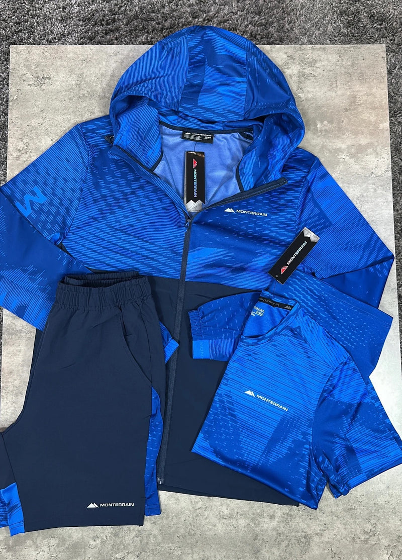 Ensemble running Monterrain 3 pièces bleu roi et bleu marine : veste à capuche zippée imprimée, t-shirt manches courtes et short assortis, présentés à plat